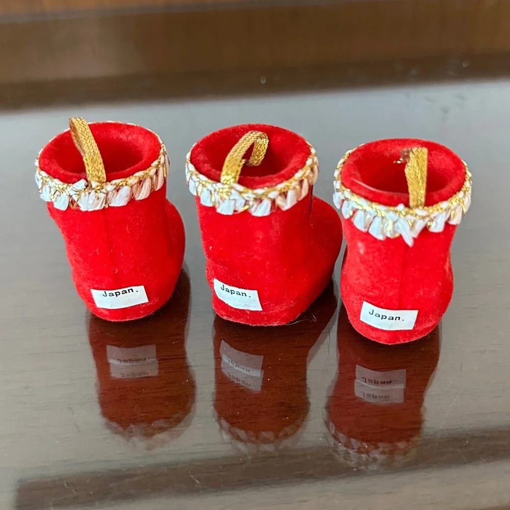 3 Vintage Flocked Red Santa Boot Christmas Ornaments Holly Berry Japan Miniature